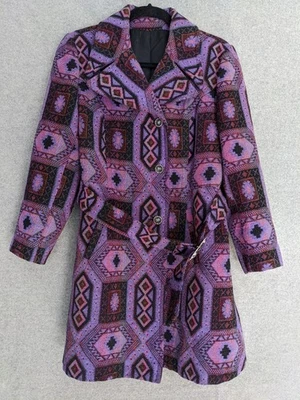 Vintage Tapestry Carpet Coat Womens Purple Mosaic Needlepoint 70s Boho Hippy USA - Image 1 of 4