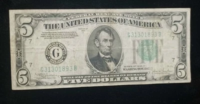 VINTAGE~1934 C /$ 5 DOLLAR FEDERAL RESERVE NOTE / GREEN SEAL / G 31301893 B - Image 1 of 4