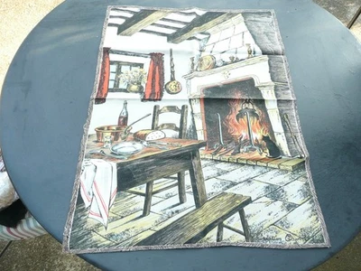 torchon ancien vintage en coton  à décors de cheminée - Photo 1/4