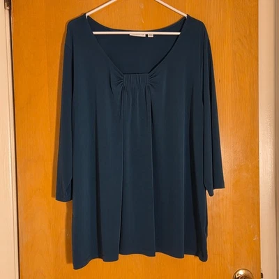 Top túnica suéter tejido líquido Susan Graver talla 3X cuello plisado verde bosque Foto 1 de 4