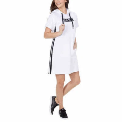 NWT DKNY 1397921 WHITE W/STRIPES SPORT LOGO KANGAROO POCKET DRESS SZ L #C146 - Image 1 of 3