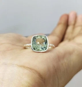Fabulous Natural Green Amethyst Cushion Statement Ring 925 Sterling Silver Ring - Picture 1 of 11
