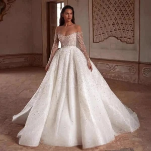 Generous Pearls A Line Wedding Dress Beaded Boat Neck Long Sleeve Bride Gowns - Picture 1 of 8