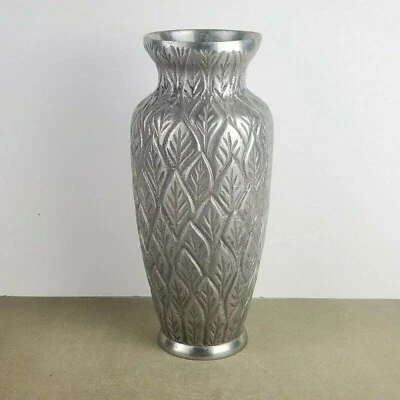 11.5in Pottery Barn Pewter Metal Bulb Vase Leaf Themed Silver color - Image 1 of 4
