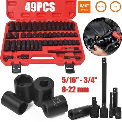 49PCS 3/8" Drive Deep and Shallow Impact Socket Set, SAE & Metric, CR-V, 6-Point - Image 1 of 4