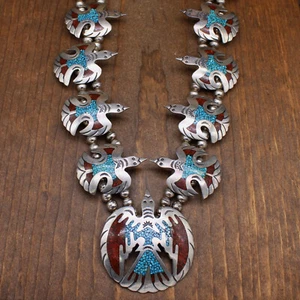Sterling Silver Peyote Bird Squash Blossom with Chip Inlay Turquoise and Coral+ - Picture 1 of 6