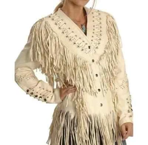 Women Western Native American Women’s Leather Jacket With Fringes - Picture 1 of 4