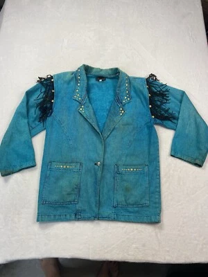 Chaqueta de Colección Denim Flecos Western Glam Rock Solapa Tachonada Hecha en EE. UU. Grande Foto 1 de 4