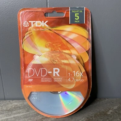 TDK: 5 PACK DVD-R  Recordable Inscriptable DVDRs: 1-16X, 4.7 GB - Image 1 of 4