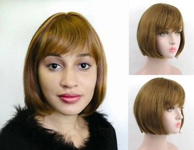 HUMAN HAIR WOMENS SHORT STRAIGHT CLASSIC BOB STYLE WIG W/ BANGS SKIN TOP JACKIE  - Image 1 of 4