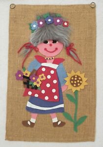VTG Handcrafted Applique Girl Peasant Pattern Wall Hanging Burlap 12x19" 