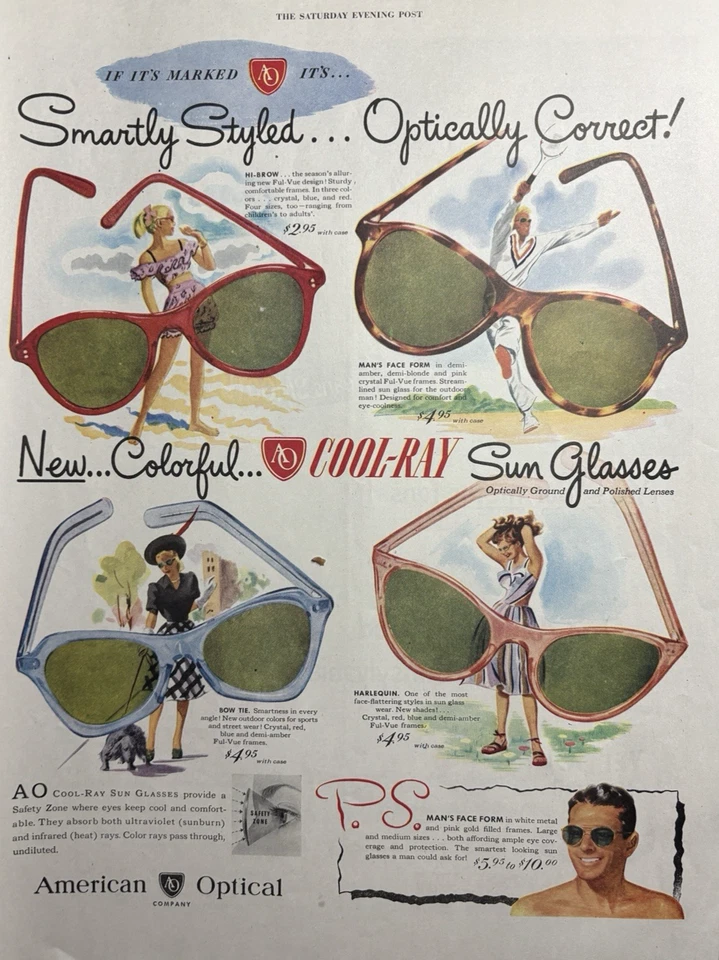 1947 American Optical Company Sun Glasses Cool Ray Colorful New Vintage Print Ad - Image 1 of 1