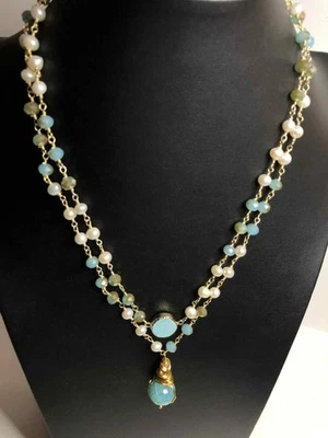 6561 Vermeil 925 faux Turquoise Crystal & pearl station layered Necklace 18" - Image 1 of 3