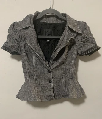 Bebe Collection Women 0 Cap Sleeve Grey Denim Peplum Top Vintage Y2K Classic - Image 1 of 4