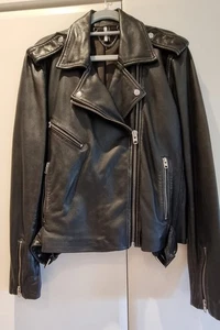 Womens Topshop Black Leather Biker Jacket Size 16 - Picture 1 of 9