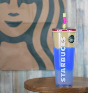 Taza fría Starbucks que cambia de color con tapa de pajita azul amarillo Venti 24 oz - Imagen 1 de 6