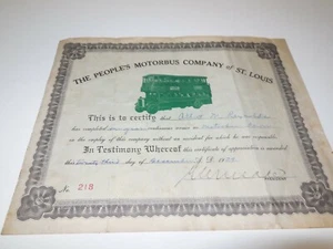 A1 1929 Motorbus Certificate Driver The Peoples Motorbus Company St Louis Mo vtg - Picture 1 of 4