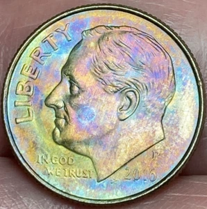 2016-P Roosevelt Dime Beautiful Lustrous Rainbow Toned Coin #5 - Picture 1 of 22