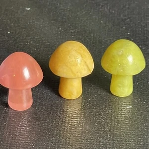 Mini Carved Stone Mushrooms Polished Rock Pink Yellow Green 3pc Mushroom - Picture 1 of 6