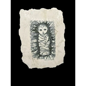 Rodney Winfield Etching Travertine Marble Jesus Baby Swaddling 1970 Signed 8 in - Picture 1 of 6