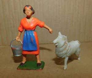 STARLUX . ANCIENNE FIGURINE FERMIERE AVEC SON SEAU ET 1 CHIEN COLLEY TYPE LASSIE - Picture 1 of 7