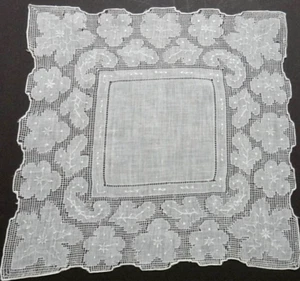 Vintage Swiss Embroidery Linen Hanky 11" Ornate Punch & Drawn Work Floral/Leaves - Picture 1 of 8