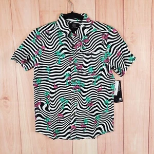Volcom Flamingbros Boys Shirt Small White Black Palm Tree Short Sleeve Button Up - Picture 1 of 9