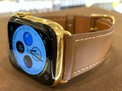 44mm Apple Watch Series 4 Stainless Steel Case Custom 24K Gold Plated Brown Band - Image 1 of 4