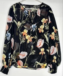 Women’s Blouse Black Green Floral Print V Neck White House Black Market Pre-owne - Picture 1 of 7