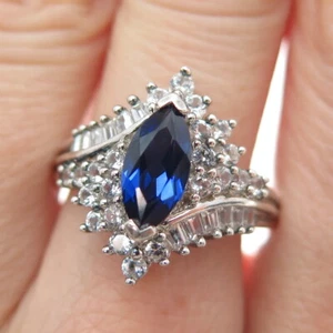 JH YOUNG Sterling Silver Lab-Created Sapphire & Real White Topaz Ring Size 9.25 - Picture 1 of 8