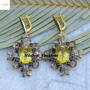 Pave Diamond Gemstone Earrings 925 Sterling Silver Topaz Sapphire Jewelry Gift - Picture 1 of 4