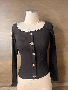 Aeropostale Seriously Soft Tee BLACK Long Sleeve Ribbed Small S BUTTON DECOR - Picture 1 of 6