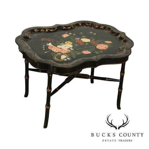 Maitland Smith, Black Lacquer, Hand Painted Tray Top Coffee Table Cover