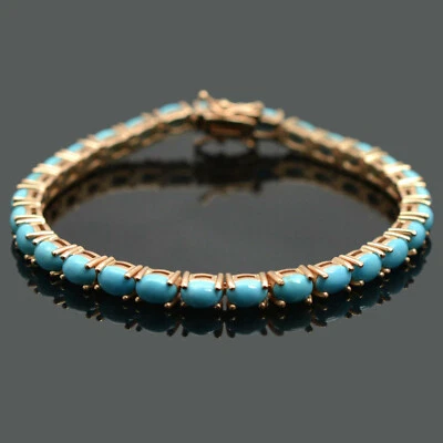 Natural Turquoise Gem 14k Rose Gold Plating 925 Sterling Silver Tennis Bracelet - Image 1 of 4