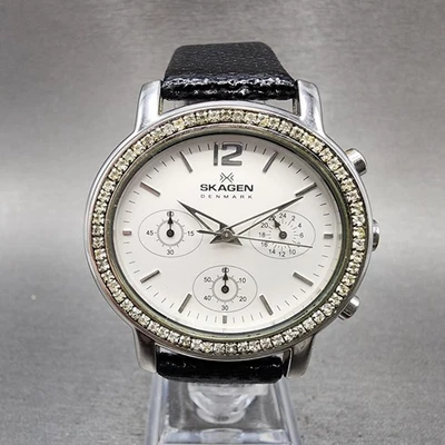 Skagen Chronograph Watch Women 39mm White Dial Silver Tone Oval New Battery - Image 1 of 4