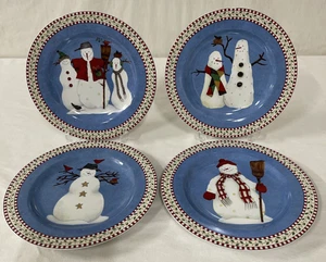 4 Vintage Sakura Debbie Mumm 8" Stoneware Christmas Holiday Blue Snowman Plates - Picture 1 of 7