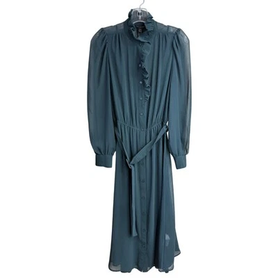 New BANANA REPUBLIC Factory Belted Midi Shirtdress Size XS Chiffon Green Goth - Image 1 of 4