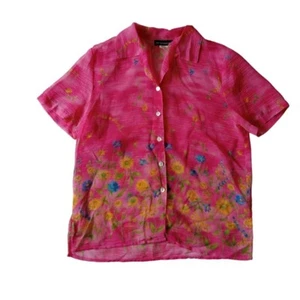 Impressions Pink & Colorful Floral Print Button Up Vintage Shirt Women's Medium - Picture 1 of 12