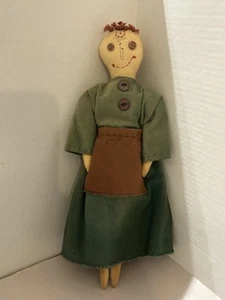 VTG Handmade Primitive Style Folk Art Rag Doll w Embroidered Face & button eyes - Picture 1 of 24