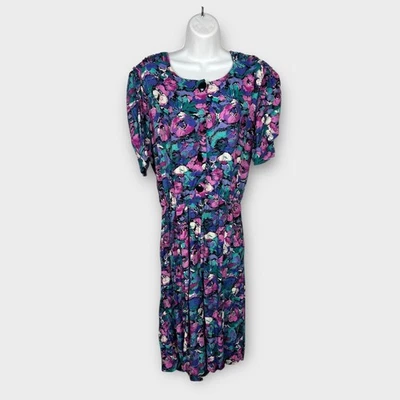 Vestido mameluco vintage negro púrpura floral secretaria (BOTÓN FALTANTE) talla 12 Foto 1 de 4