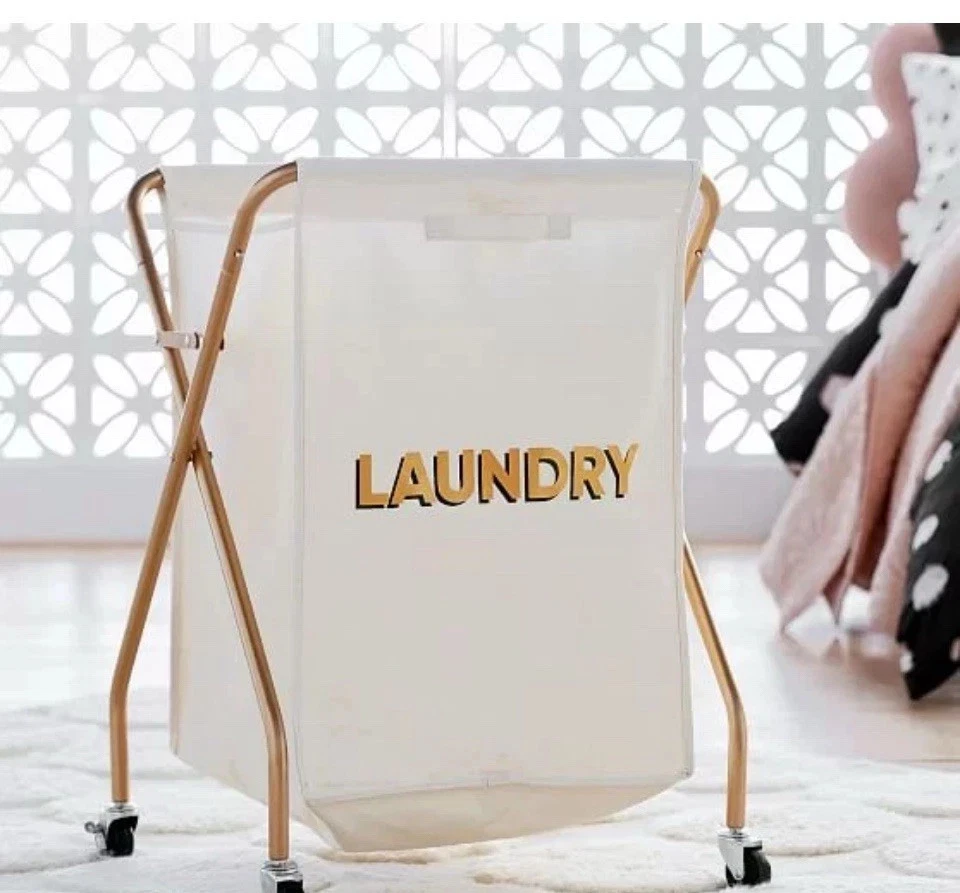 Pottery Barn Teen The Emily & Meritt Rolling Laundry Hamper Gold Black Cream NIB - Image 1 of 1