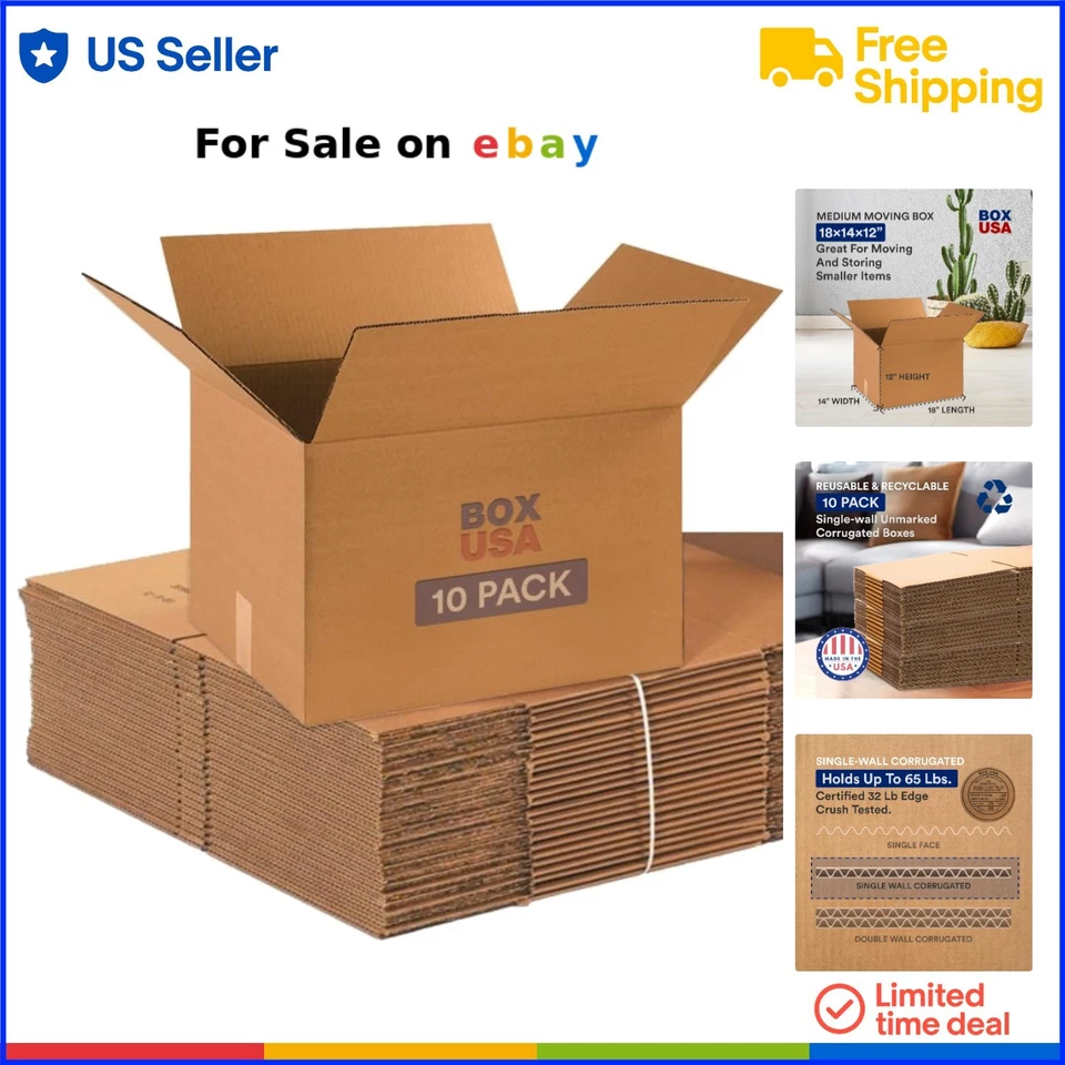 Moving Boxes Medium Corrugated Cardboard 18x14x12 Packing Shipping Storage - Image 1 of 4