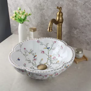 Flower Bathroom Vessel Sink Ceramic Basin Wash Bowl Antique Brass Mixer Tap Set - Picture 1 of 12