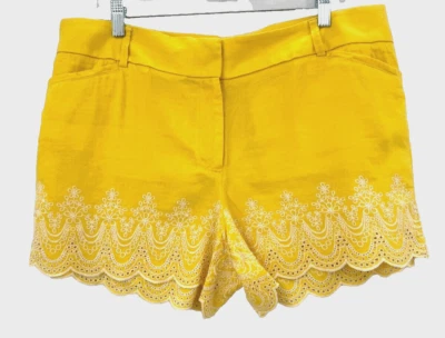 Ann Taylor Loft Riviera Shorts Linen Yellow Embroidered Eyelet Scallop 12 Preown - Image 1 of 4