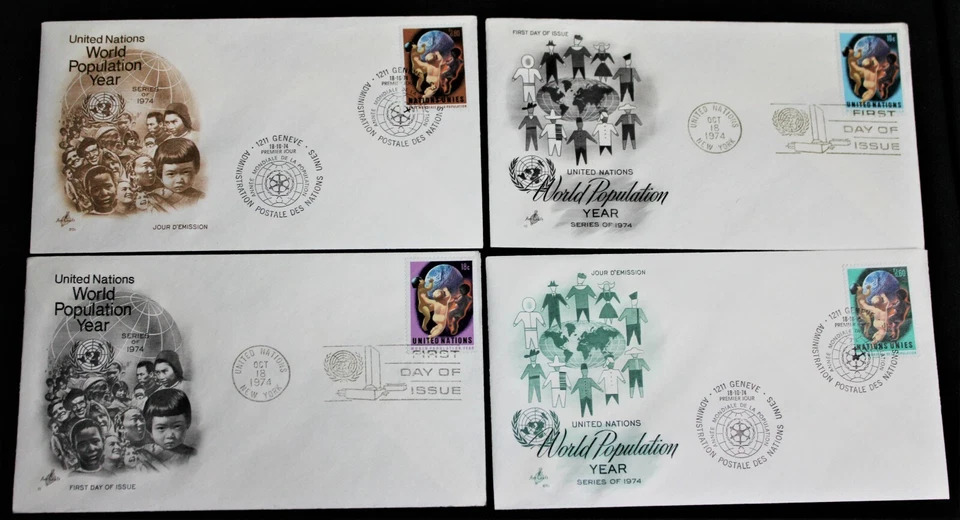 4 FIRST DAY ISSUE COVER UNITED NATIONS POSTAGE STAMPS WORLD POPULATION YEAR 1974 - Image 1 of 1