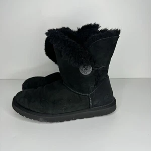 UGG Mini Bailey Button Black Fuzzy Slip On Boots Womens Size 9 - Picture 1 of 13