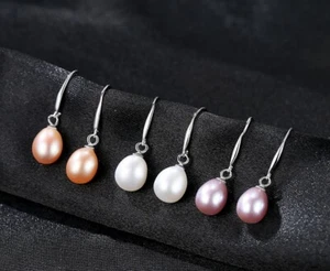 Pearl Drop Earrings Sterling Silver Studs Teardrop Oval Freshwater Culture PE27 - Picture 1 of 12