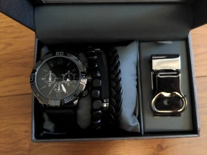 Folio Men's Gift Set; Gunmetal Tone Round Case, Matte Black Dial, Black Silicone - Picture 1 of 14