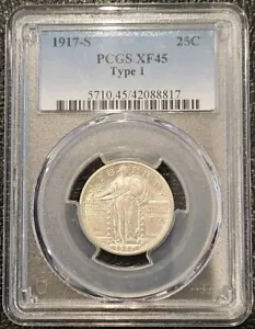 1917 S TYPE 1 STANDING LIBERTY QUARTER PCGS XF45 SLQ EF45 BARE BREAST 25C CENTS - Picture 1 of 8