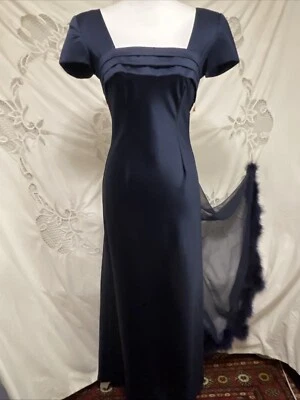 NWT $229 Vintage 90s Niki Livas Blue Satin Maxi Dress feather chiffon Train 4 6 - Image 1 of 4